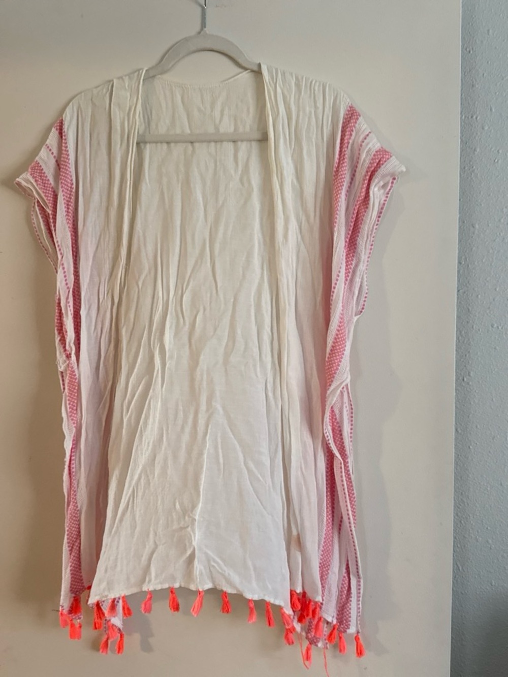 Women's White Open-Front Kimono with Pink Trim and Coral Tassels